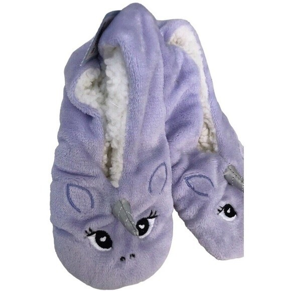 NEW Cat & Jack Kids Slippers Purple Unicorn Plush Gripper Bottoms Size M/L - Picture 1 of 9
